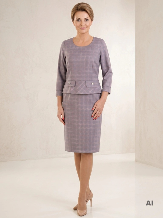 Elegancka sukienka biurowa midi w szarą kratę – prosty fason z modelującą baskinką 34190