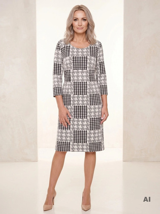 Elegancka sukienka dzianinowa midi w pepitkę – prosty krój z rękawem 3/4 do pracy 36562