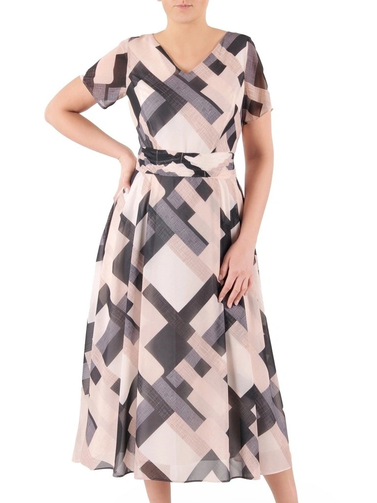 Elegancka beżowa sukienka rozkloszowana midi – wysmuklający krój z paskiem modelującym talię 39779