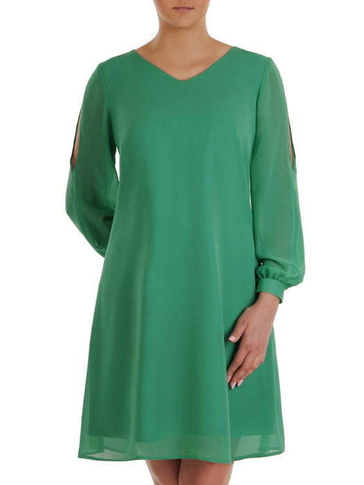 Zielona sukienka z rozcinanymi rękawami, trapezowa kreacja z szyfonu 19782
