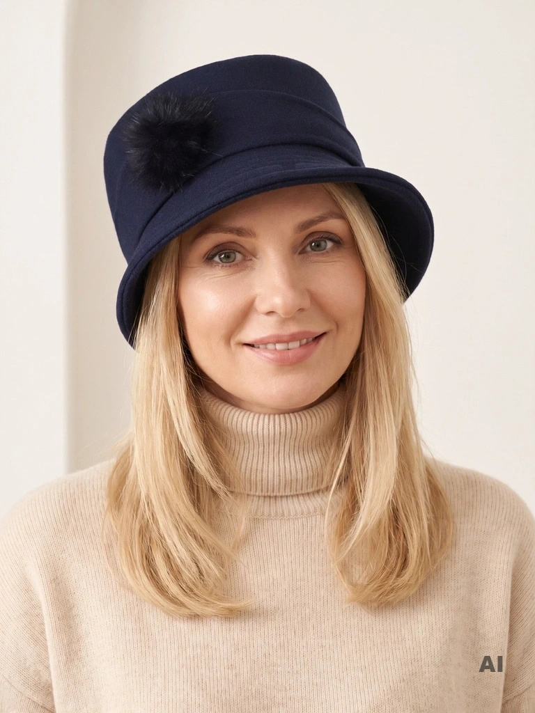 Elegancki kapelusz damski cloche granatowy – ocieplana podszewka i subtelna ozdoba 42365
