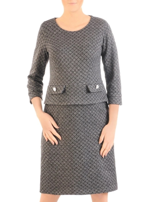 Elegancka prosta sukienka midi w szarą kratę – efektowna baskinka podkreślająca linię talii 34812