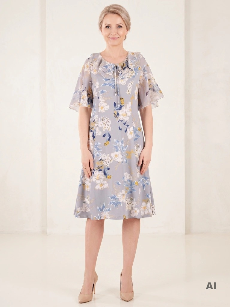 Elegancka szara sukienka w kwiaty midi – rozkloszowany krój z dekoracyjnym żabotem 35968