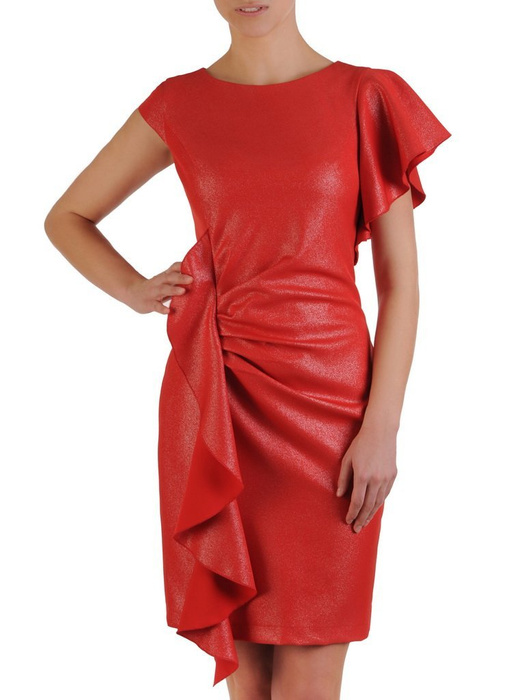 Sukienka wyjściowa, czerwona kreacja z ozdobnymi falbanami 25110