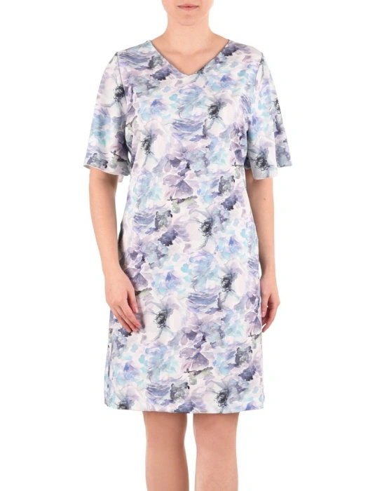 Wzorzysta sukienka trapezowa midi z wiskozy – tuszujący biodra fason z dekoltem w serek 41839