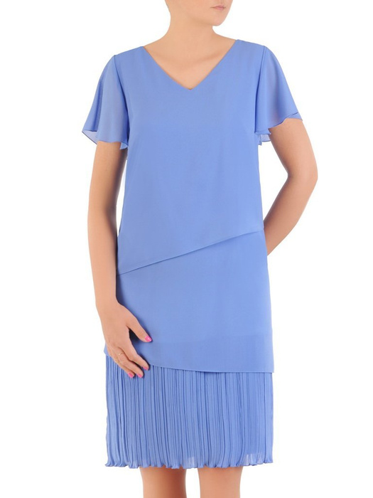 Niebieska sukienka z szyfonu, kreacja z ozdobnym plisowaniem 30031