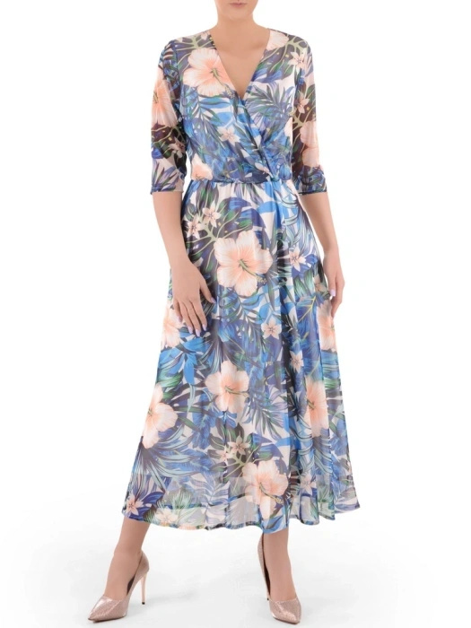 Elegancka rozkloszowana sukienka maxi w kwiaty – wysmuklający kopertowy dekolt i rękaw 3/4 37956