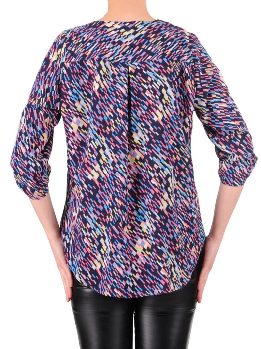 Elegancka bluzka damska wizytowa w wielobarwny print – prosty krój z ozdobnymi guzikami 35206