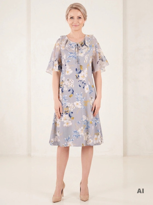 Elegancka szara sukienka w kwiaty midi – rozkloszowany krój z dekoracyjnym żabotem 35968