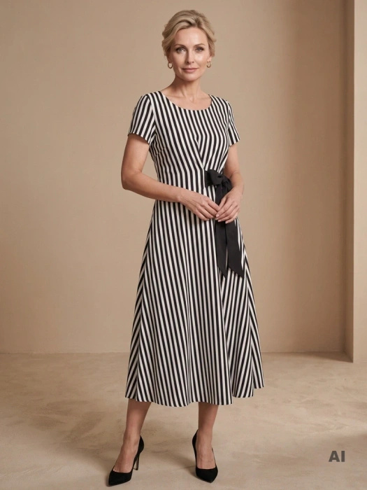 Elegancka sukienka rozkloszowana maxi w paski – kobiecy fason z wiązaniem podkreślającym talię 40005