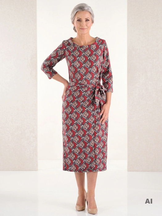 Elegancka bordowa sukienka do pracy o prostym kroju – fason midi z paskiem wysmuklającym sylwetkę 38661