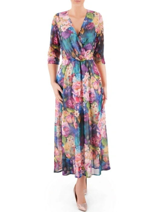 Rozkloszowana sukienka koktajlowa maxi w kwiaty – wysmuklający krój z elastyczną talią 37958