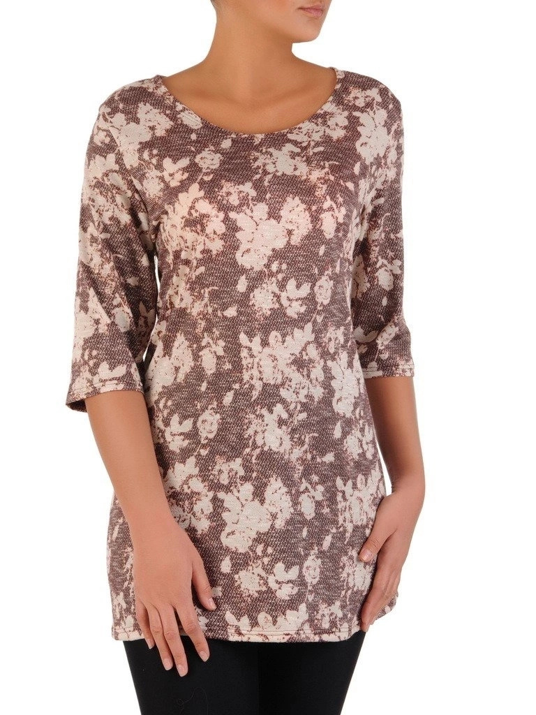 Czerwona tunika trapezowa damska w kwiaty – wygodny, wysmuklający krój z rękawem 3/4 22181