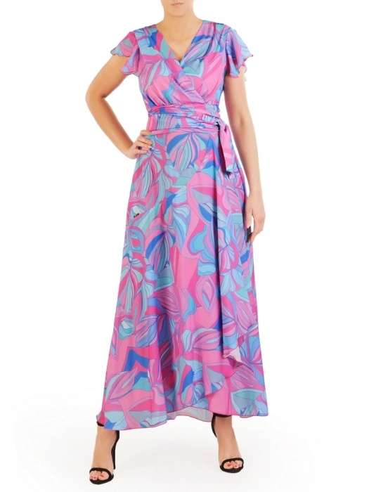 Kolorowa sukienka maxi o rozkloszowanym kroju – kopertowy fason z paskiem modelującym talię 33662