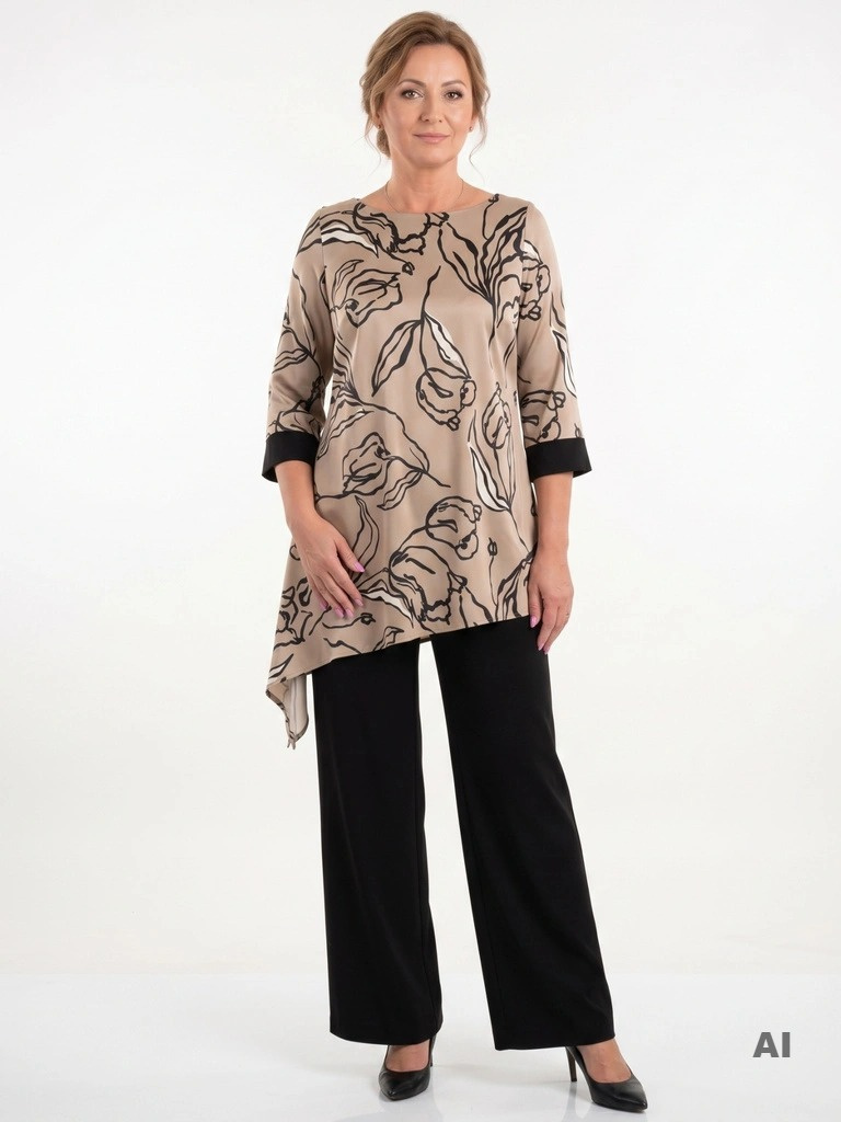 Beżowy komplet damski z asymetryczną tuniką w kwiaty i czarnymi spodniami – trapezowy krój wyszczuplający sylwetkę 40303