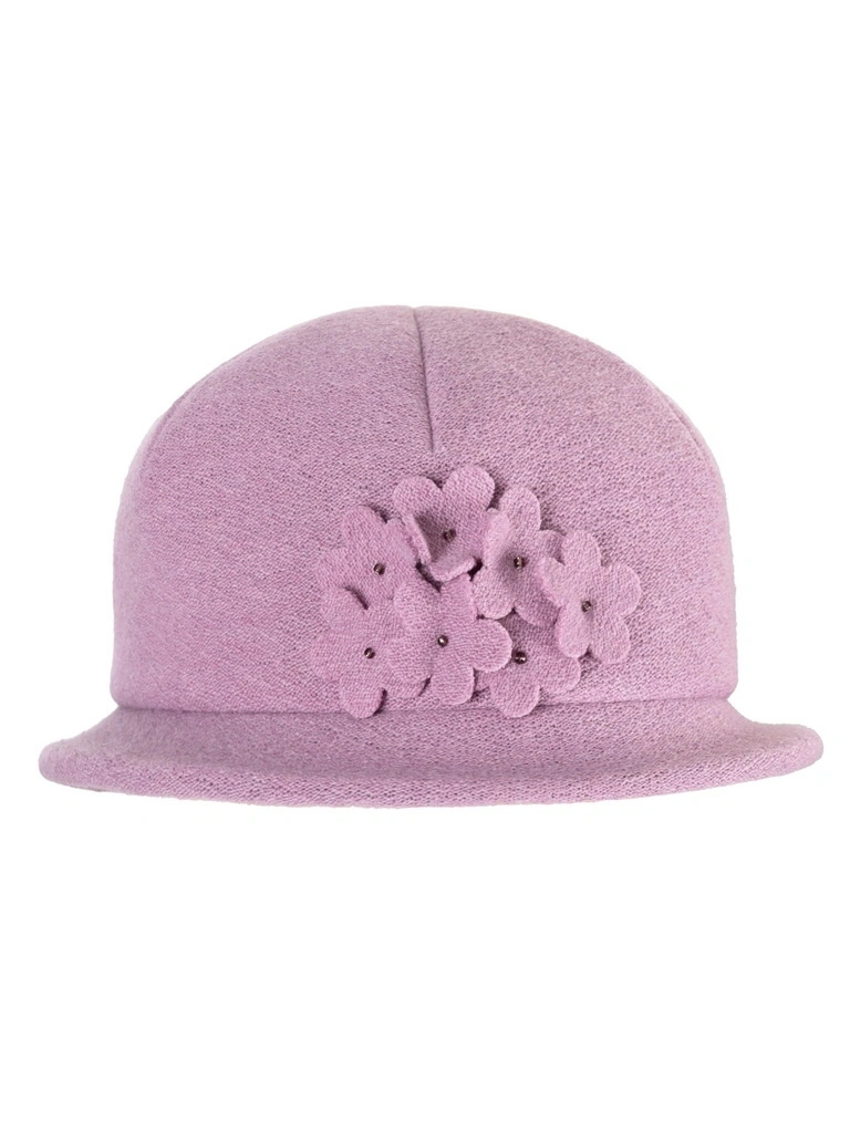 Elegancki kapelusz damski zimowy cloche – liliowy model z subtelną aplikacją 42389