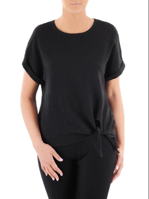 Klasyczna czarna bluzka plus size z wiązaniem – wysmuklająca sylwetkę z rękawami kimono 38548