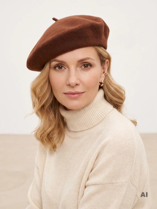 Elegancki beret damski wełniany fason francuski brązowy – ponadczasowy model zimowy z antenką 40888
