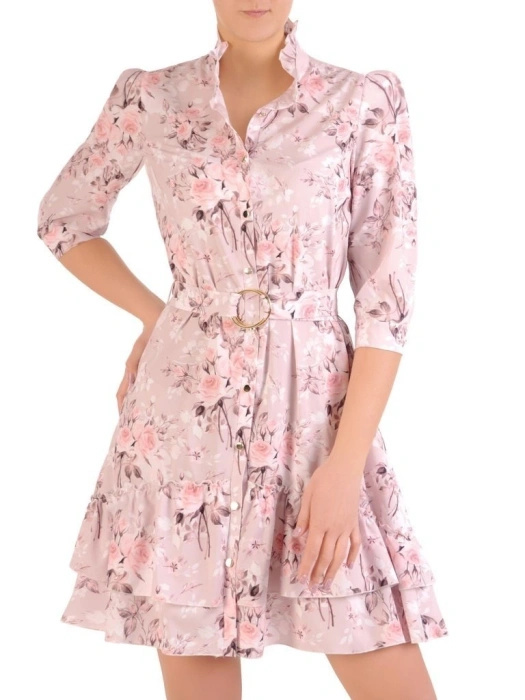 Kremowa sukienka rozkloszowana w kwiaty mini – pasek podkreślający talię i elegancka stójka 29271