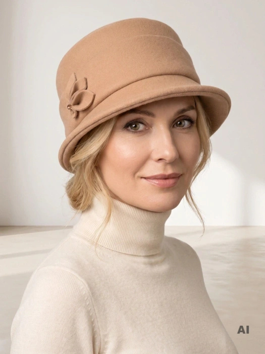 Elegancki kapelusz damski cloche beżowy – ciepły fason z wywiniętym rondem 42407