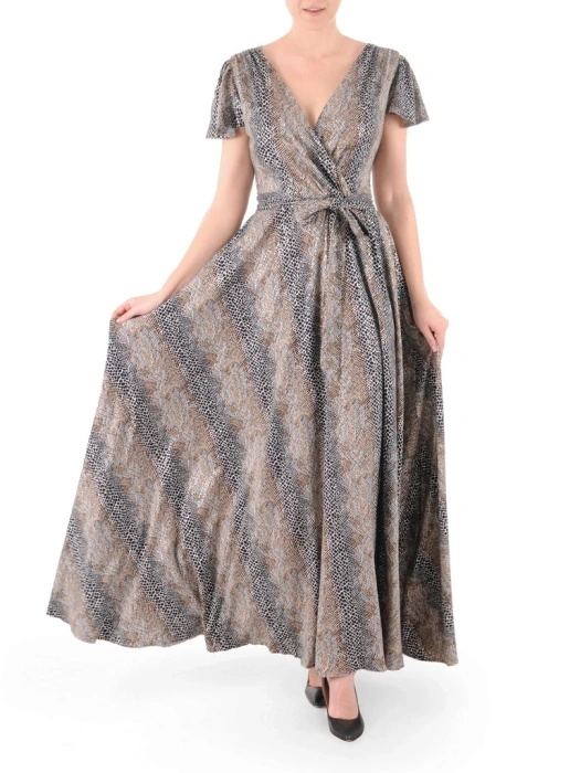 Czarna sukienka wieczorowa maxi rozkloszowana w zwierzęcy print – kobiecy fason z paskiem modelującym talię 38987