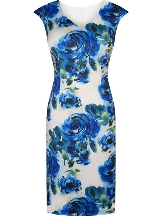 Chabrowa sukienka midi w kwiaty o prostym kroju – wyszczuplające przeszycia i model bez rękawów 9199