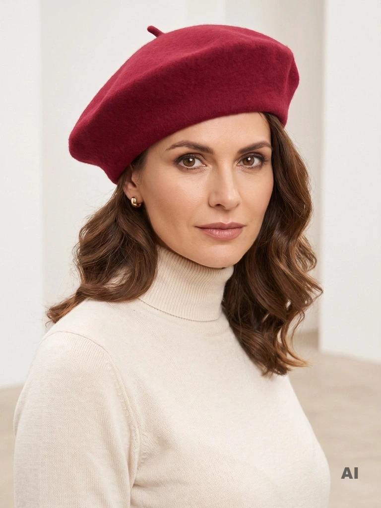 Elegancki beret damski wełniany w odcieniu malinowym fason francuski – stylowy akcent z antenką na chłodne dni 42704
