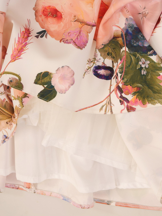 Wiosenna sukienka w kwiaty, rozkloszowana kreacja z kontrafałdami 32882