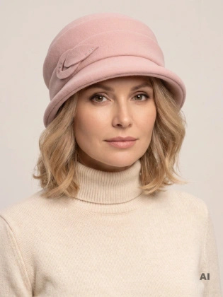Elegancki kapelusz damski cloche pudrowy róż – ocieplany model z cyrkoniami i regulacją obwodu głowy 40918