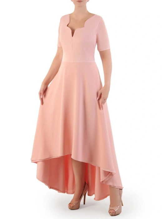 Elegancka sukienka maxi w kolorze pudrowego różu – rozkloszowany fason z asymetrycznym dołem 34343