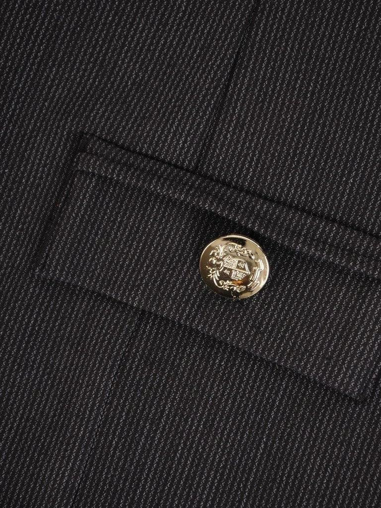 Grafitowa sukienka biurowa midi w prążki – prosty krój z ozdobnymi patkami i guzikami 22216