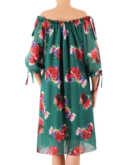 Elegancka sukienka midi w kwiaty z falbaną – prosty krój z paskiem modelującym sylwetkę 36399