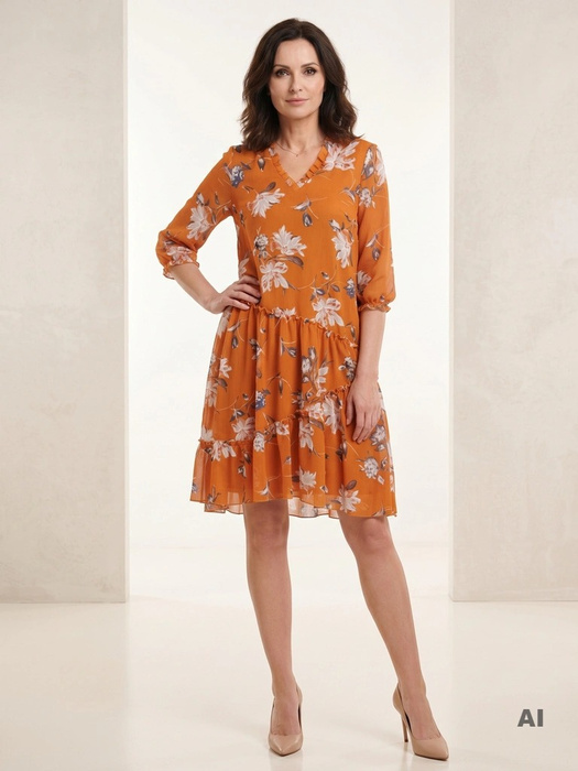 Elegancka sukienka trapezowa midi w jesienne kwiaty – swobodny krój maskujący biodra 25262
