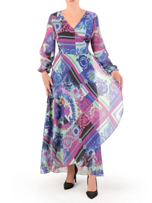 Elegancka wzorzysta sukienka maxi – kopertowy krój z wiązaniem podkreślającym talię 34541