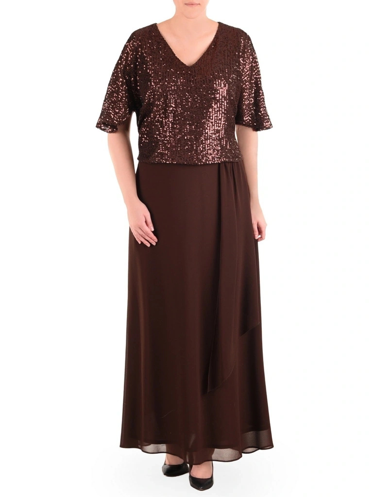 Elegancka brązowa sukienka maxi na wesele z cekinami – rozkloszowany krój z dekoltem V 41696
