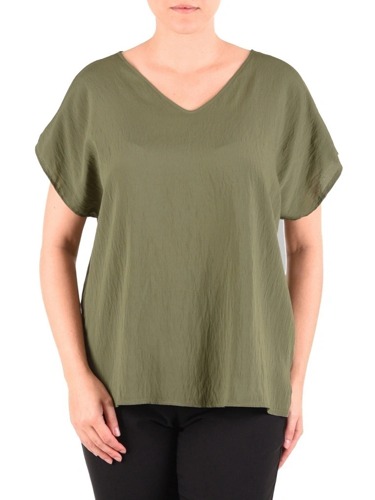 Elegancka bluzka wizytowa w kolorze khaki – luźny fason z podwójnym dekoltem w serek 42021