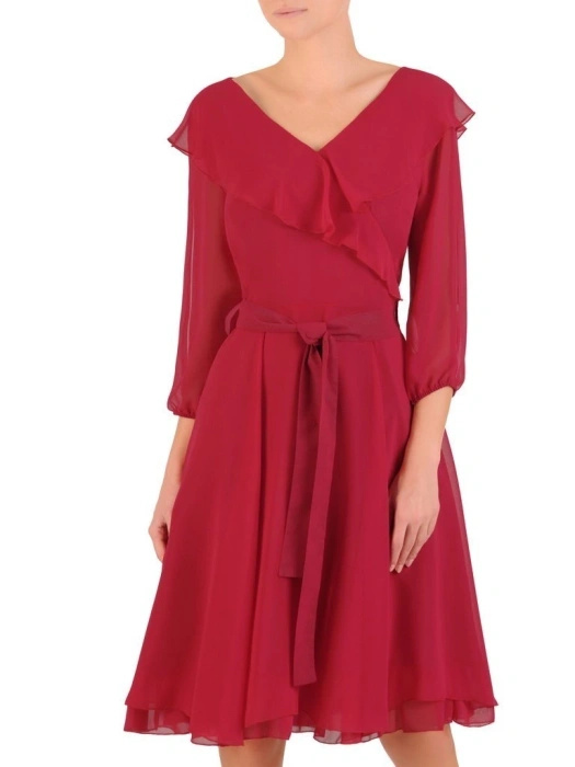 Elegancka sukienka rozkloszowana midi malinowa – zwiewny krój z rękawem 3/4 podkreślający sylwetkę 27356