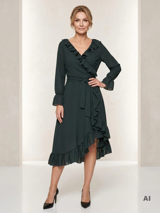 Elegancka sukienka maxi w odcieniu butelkowej zieleni – rozkloszowany krój wysmuklający figurę 29542