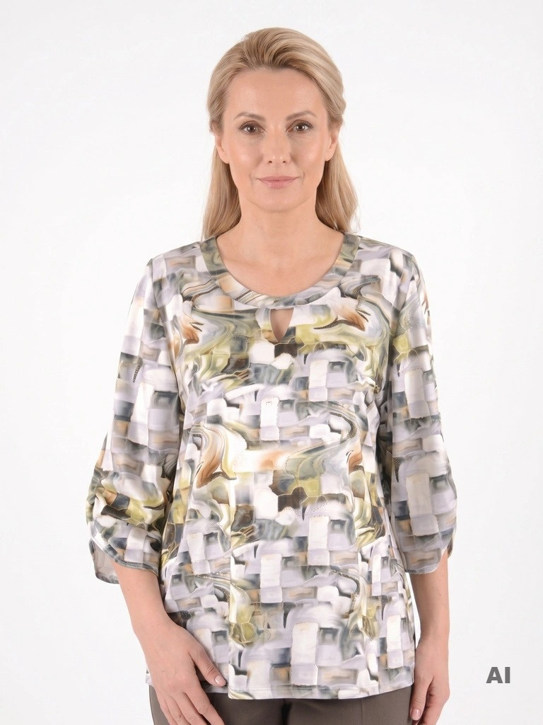 Elegancka bluzka wizytowa w zielono-szary wzór – luźny trapezowy fason maskujący biodra 39699