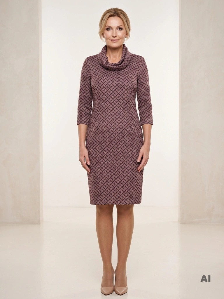 Elegancka fioletowa sukienka jesienna do pracy – prosty fason modelujący sylwetkę zaszewkami 34363