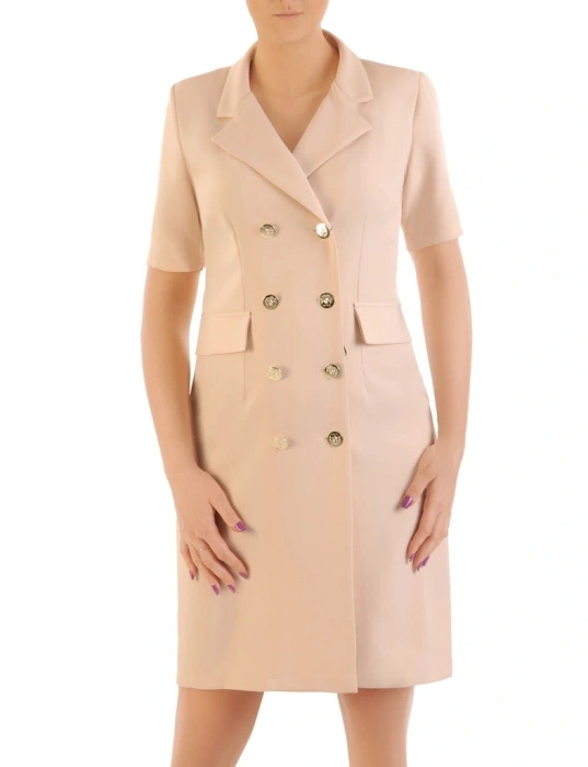 Elegancka kremowa sukienka żakietowa z patkami – wyszczuplające zaszewki i kołnierzyk 34943