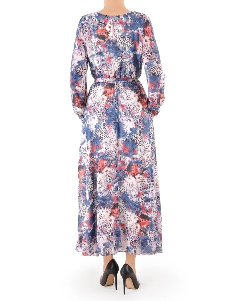 Elegancka sukienka rozkloszowana maxi we wzory – wysmuklający fason z długim rękawem 38022