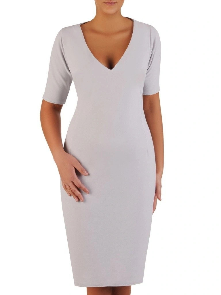 Elegancka prosta sukienka damska midi w odcieniu szarości – zaszewki modelujące sylwetkę 23122