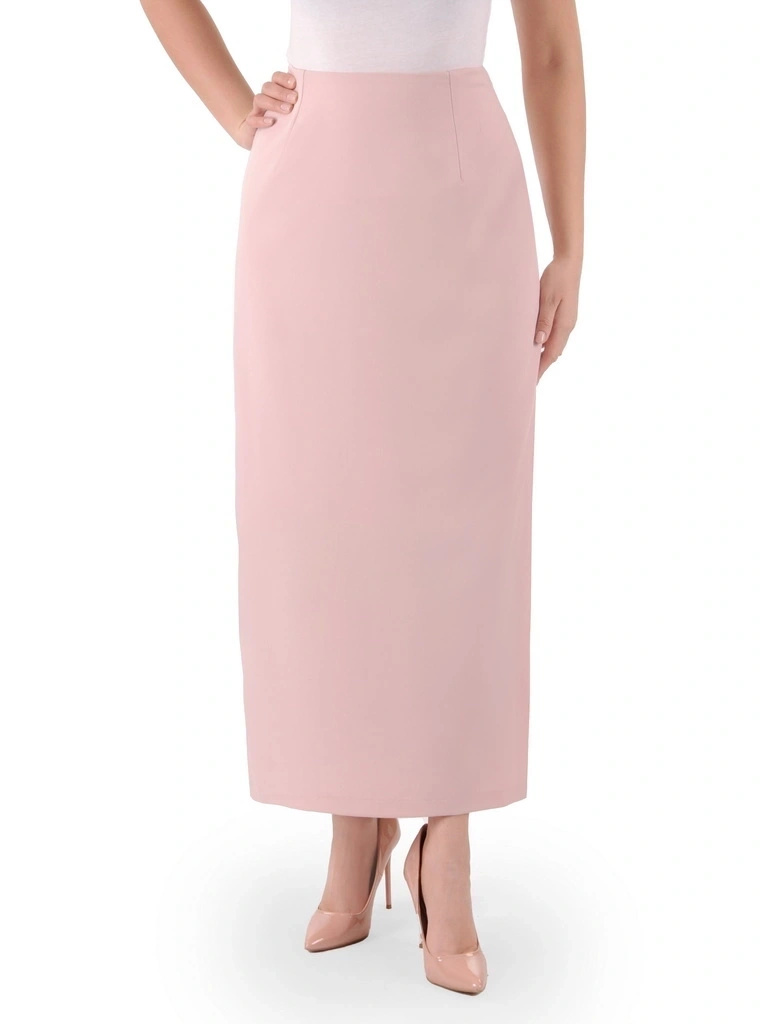 Elegancki kostium damski na wesele maxi – prosty fason w pudrowym różu z rozcięciem 39263