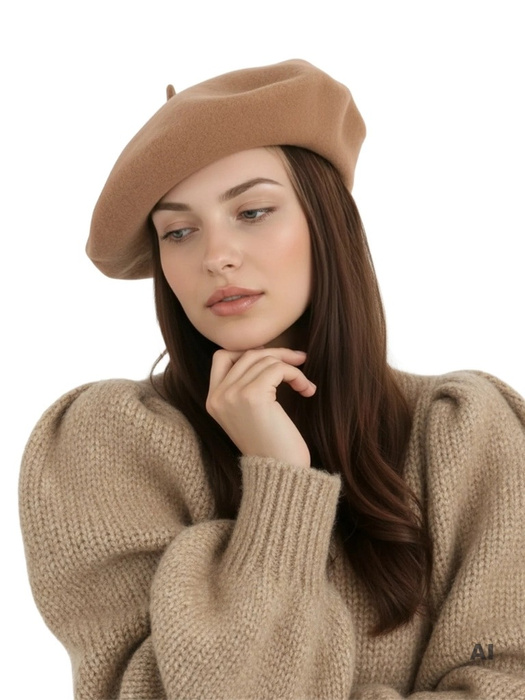 Elegancki beret damski camel ze 100% wełny merynosa – klasyczny fason francuski z ozdobną antenką 40879
