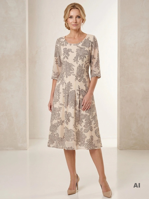 Kobieca sukienka rozkloszowana maxi w kwiaty – elegancki fason wysmuklający sylwetkę z rękawem 3/4 39329