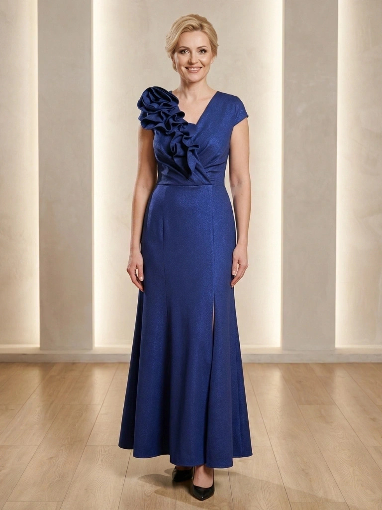 Długa granatowa sukienka brokatowa na wesele – rozkloszowana kreacja z rozcięciem pięknie eksponująca nogi 38990