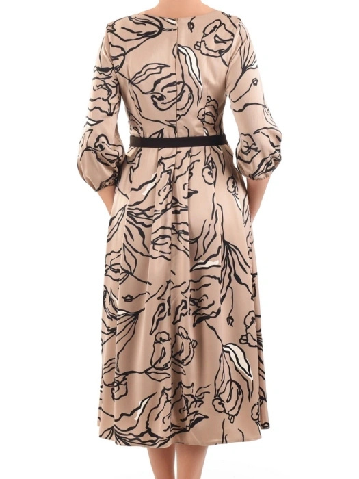 Wizytowa beżowa sukienka rozkloszowana maxi w kwiaty – rękaw 3/4 i pasek modelujący sylwetkę 41132