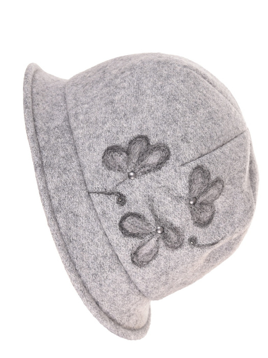 Elegancki kapelusz damski zimowy cloche szary – ocieplana podszewka i ozdobny kwiat 42372