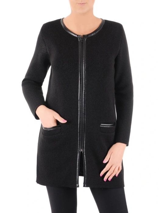 Elegancki sweter damski rozpinany czarny – modne wstawki z ekoskóry i prosty krój 38959
